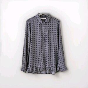 Standard Grace Top Women L Gray Black Stars LS Roll Up Tab Ruffles Boho Chambray